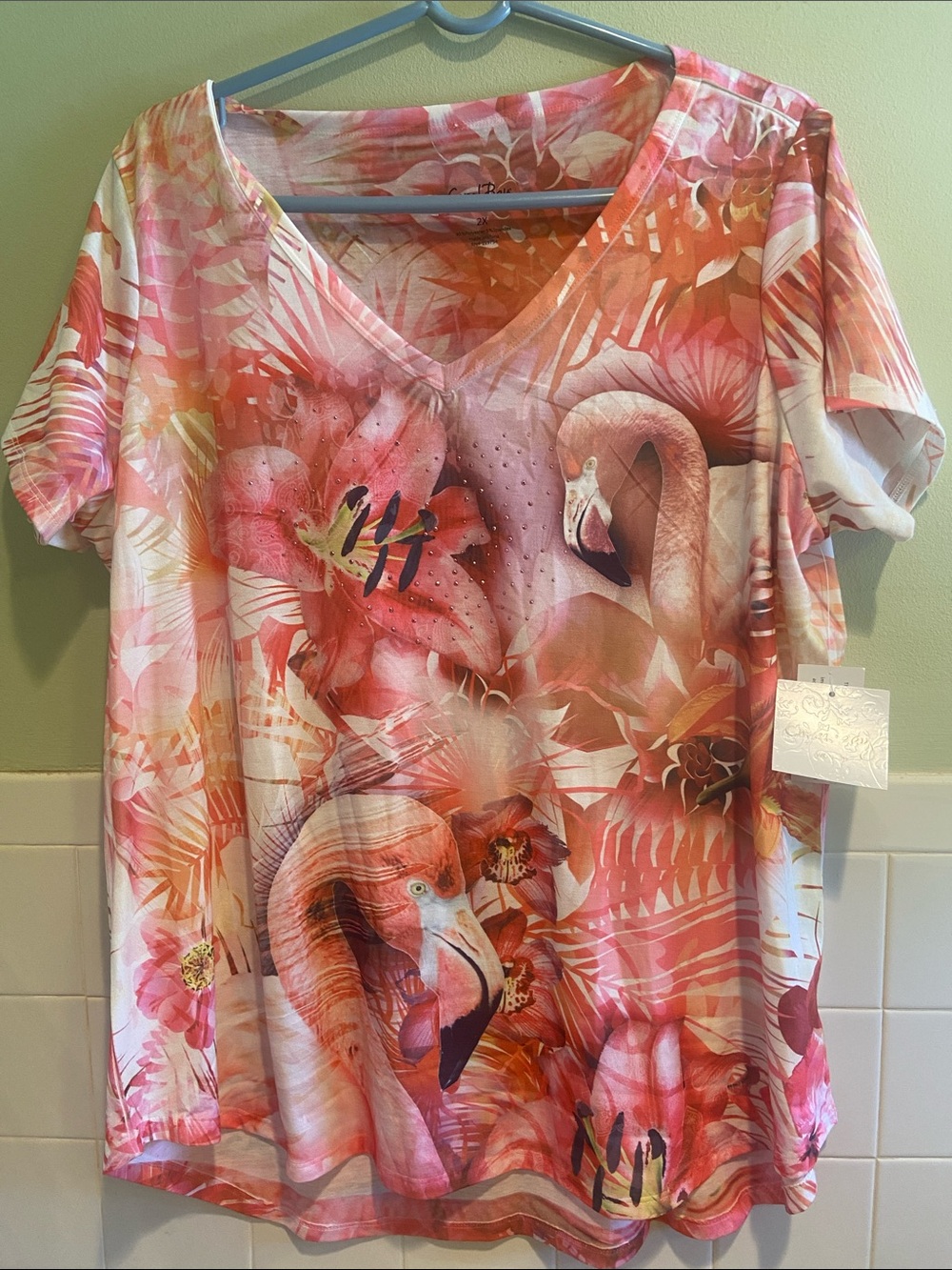 🌸Coral Bay Pink Flamingo & Tropical Floral V-Neck Short Sleeve Top Size 2X